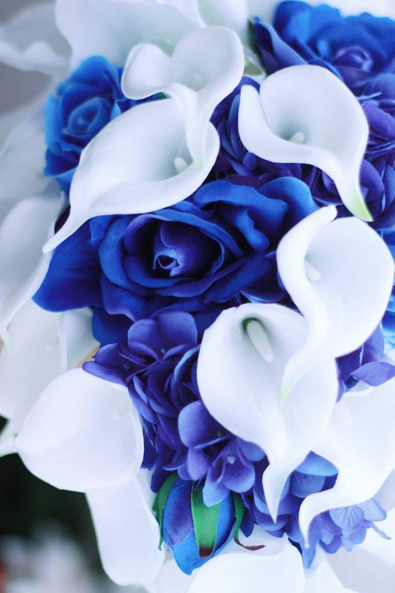 IFFO Royal Blue Bouquet, Bridal Bouquets for Weddingï¼ŒWhite Calla Lily Bridal Bouquet, Water Drops Waterfall Shape, Luxury Jewelry Bouquet Romantic Wedding (No Jewelry) - Image 3